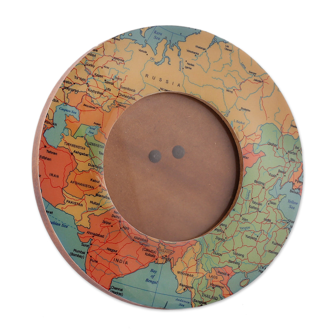 Laminated Wood 4-Inch Round Photo Frame with Map Motif - Colorful Cartography