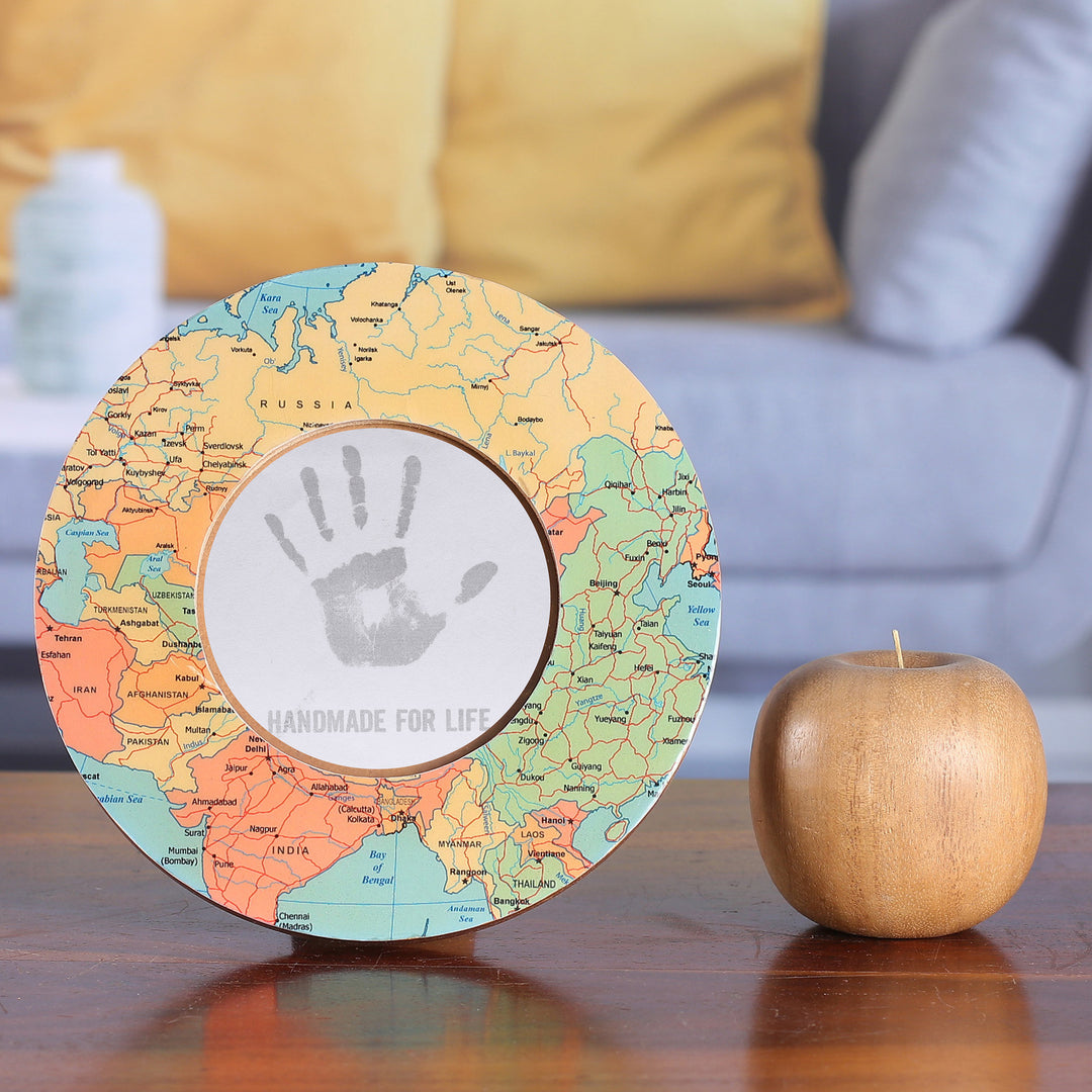 Laminated Wood 4-Inch Round Photo Frame with Map Motif - Colorful Cartography