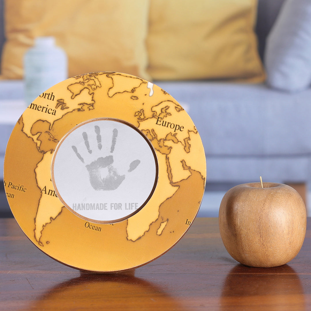 Round Yellow Brown Map Laminated Wood Photo Frame (4 Inch) - Charming Cartography