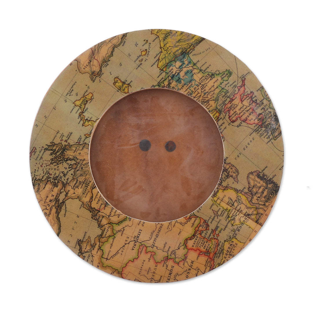 World Atlas-Themed Laminated Wood 4-Inch Round Photo Frame - Enchanting Cartography
