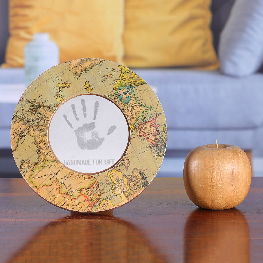 World Atlas-Themed Laminated Wood 4-Inch Round Photo Frame - Enchanting Cartography