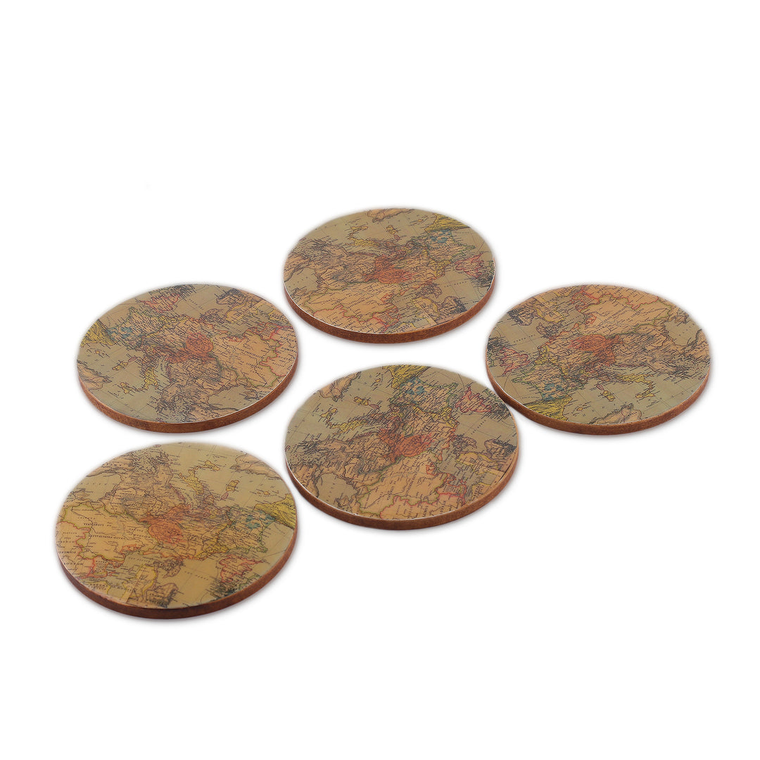 5 Round Laminated Wood Coasters with Cartography Theme - Enchanting Cartography