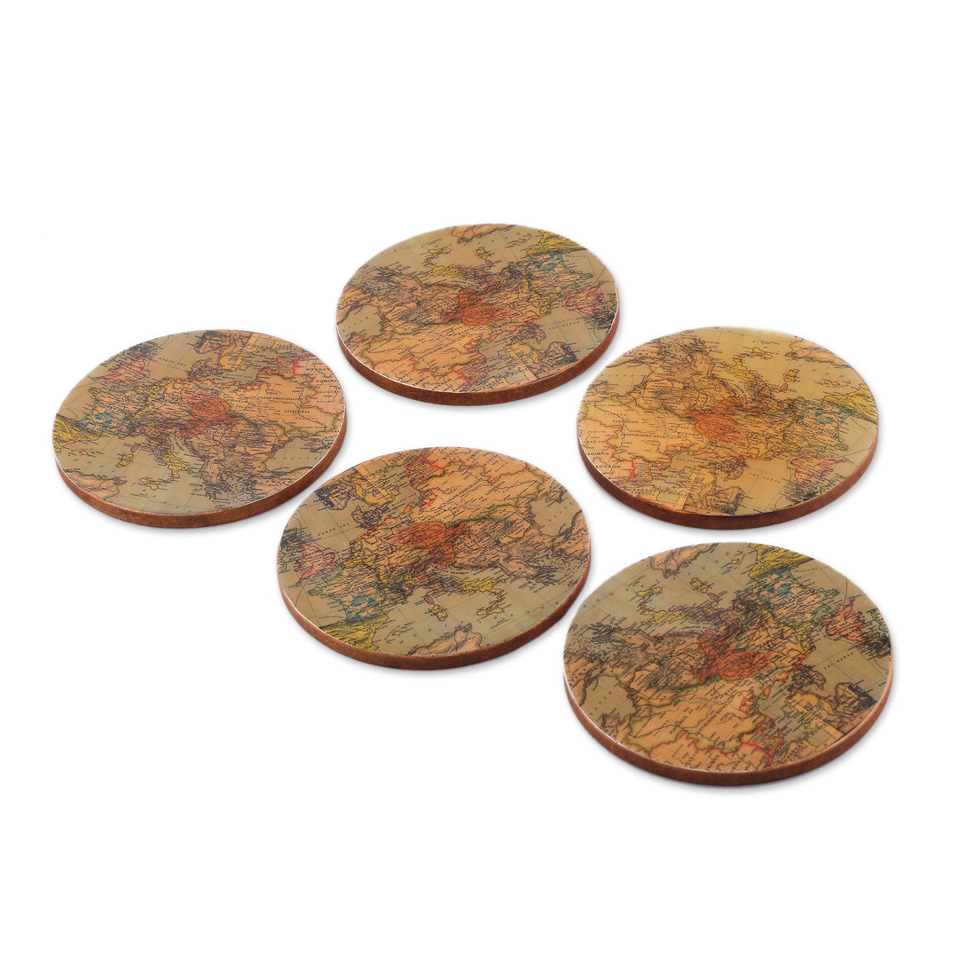 5 Round Laminated Wood Coasters with Cartography Theme - Enchanting Cartography