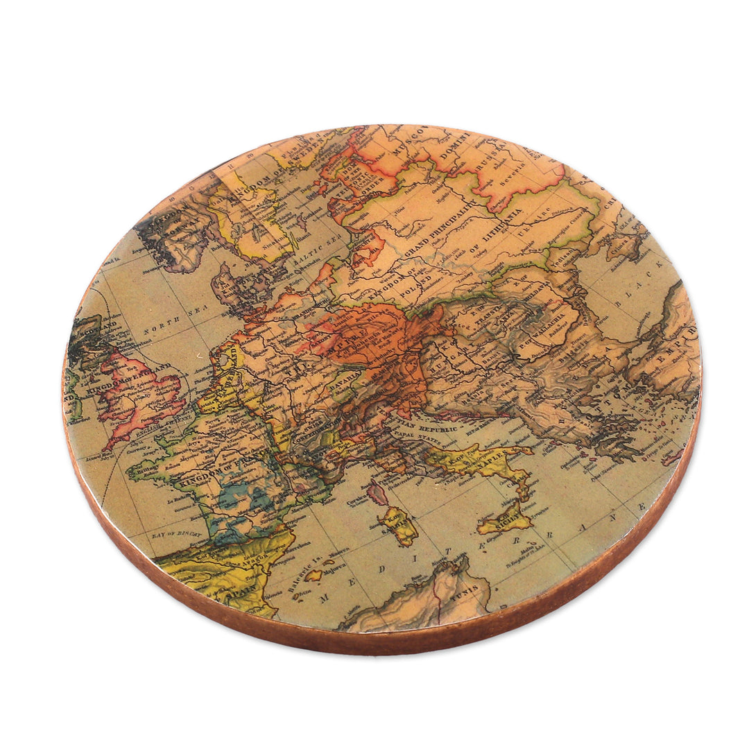 5 Round Laminated Wood Coasters with Cartography Theme - Enchanting Cartography