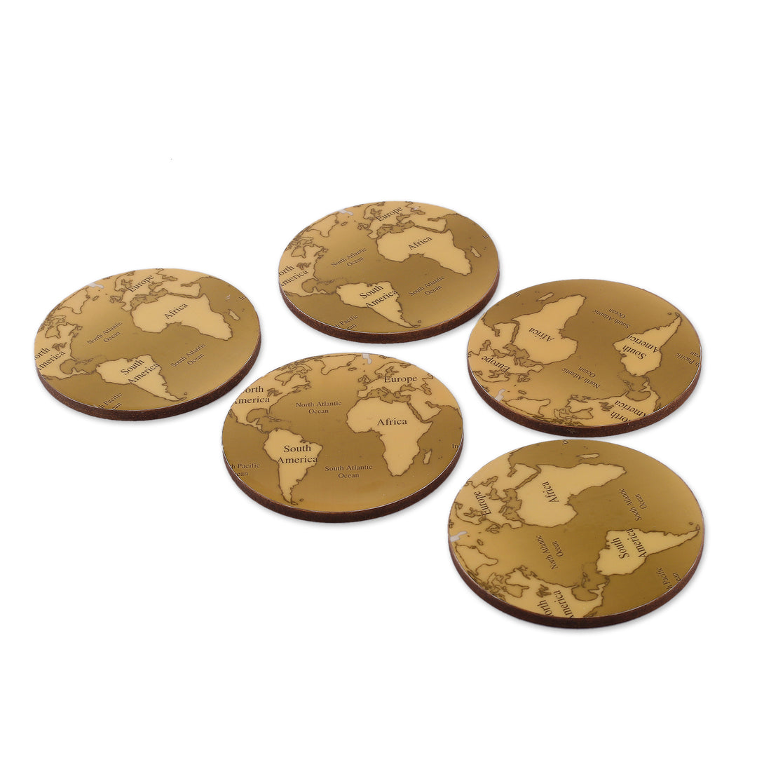 Set of 5 World Map-Themed Round Laminated Wood Coasters - Charming Cartography