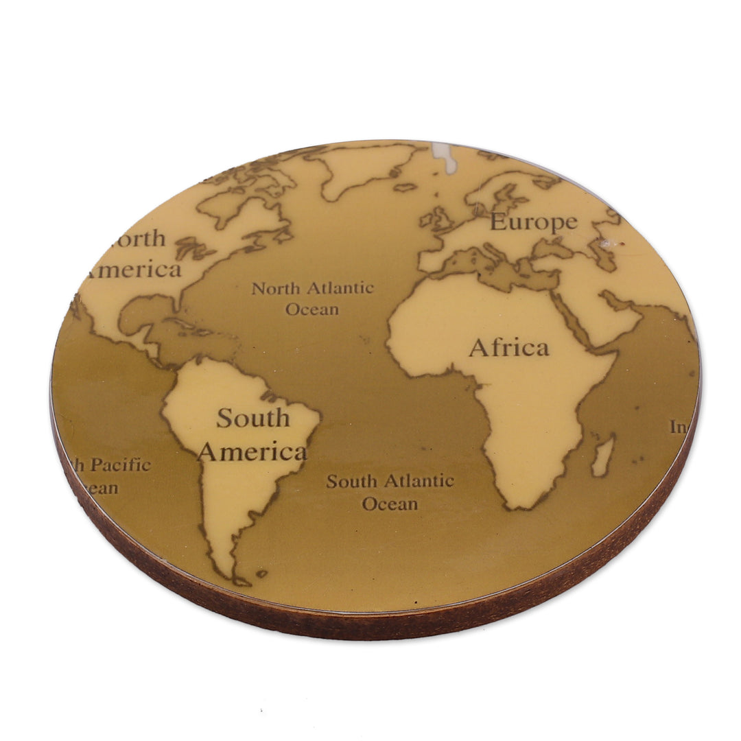 Set of 5 World Map-Themed Round Laminated Wood Coasters - Charming Cartography