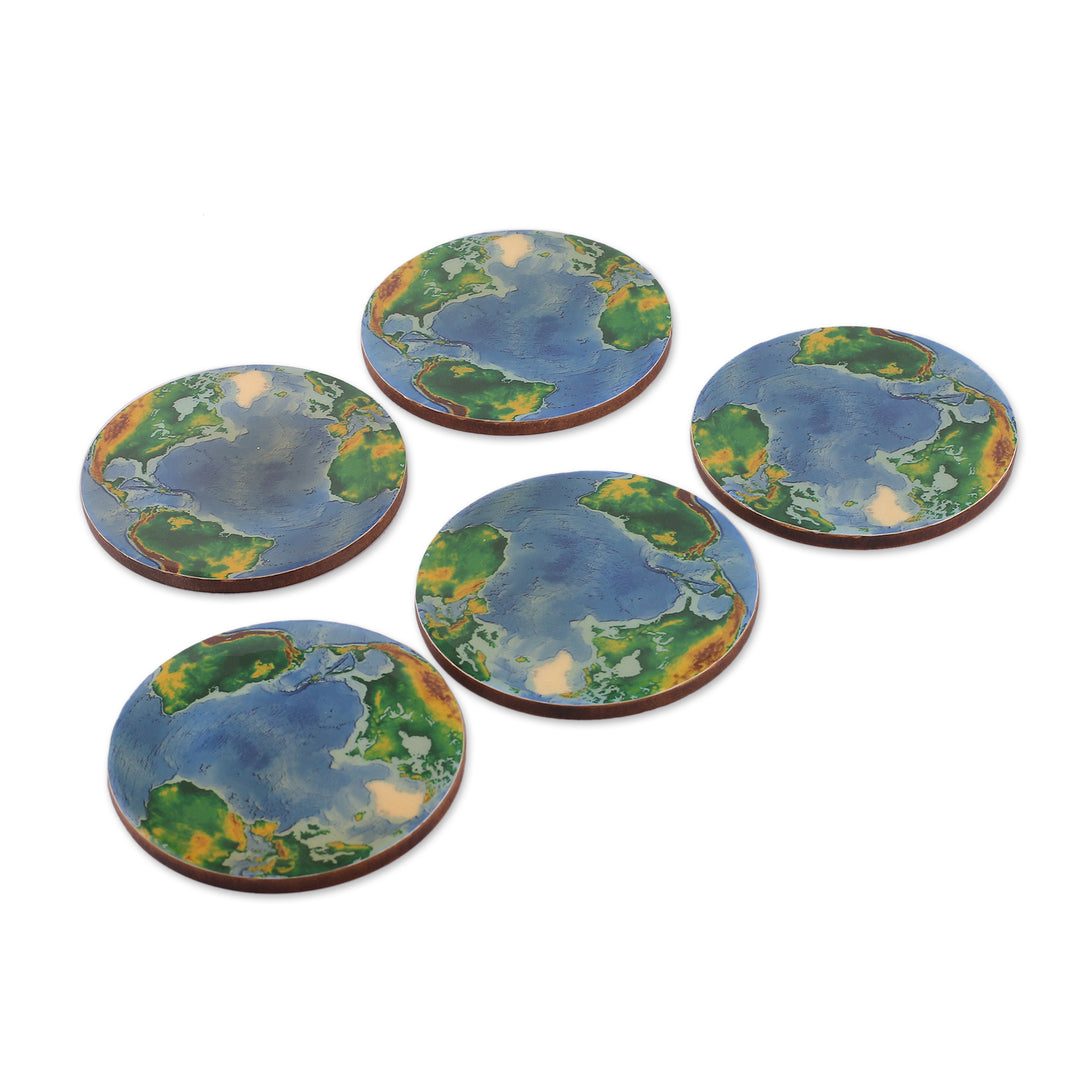 5 Planet Earth World Map-Themed Laminated Wooden Coasters - Planet Earth