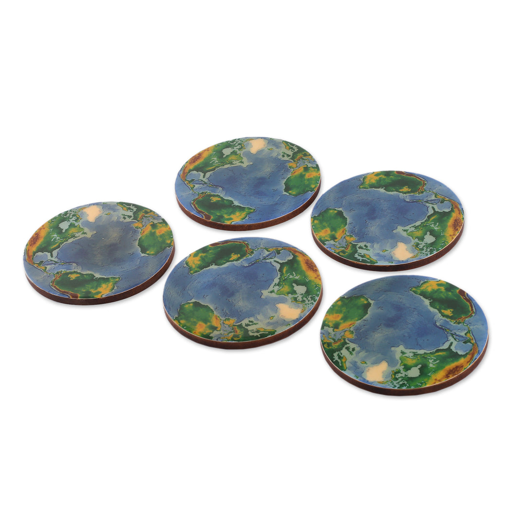 5 Planet Earth World Map-Themed Laminated Wooden Coasters - Planet Earth