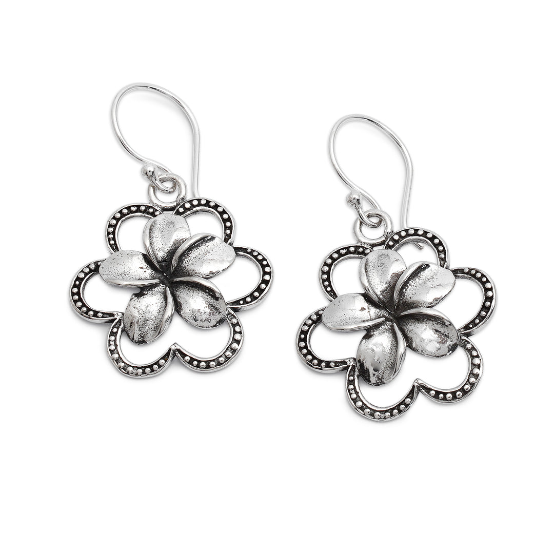 Floral Oxidized Polished Sterling Silver Dangle Earrings - Frangipani Magic