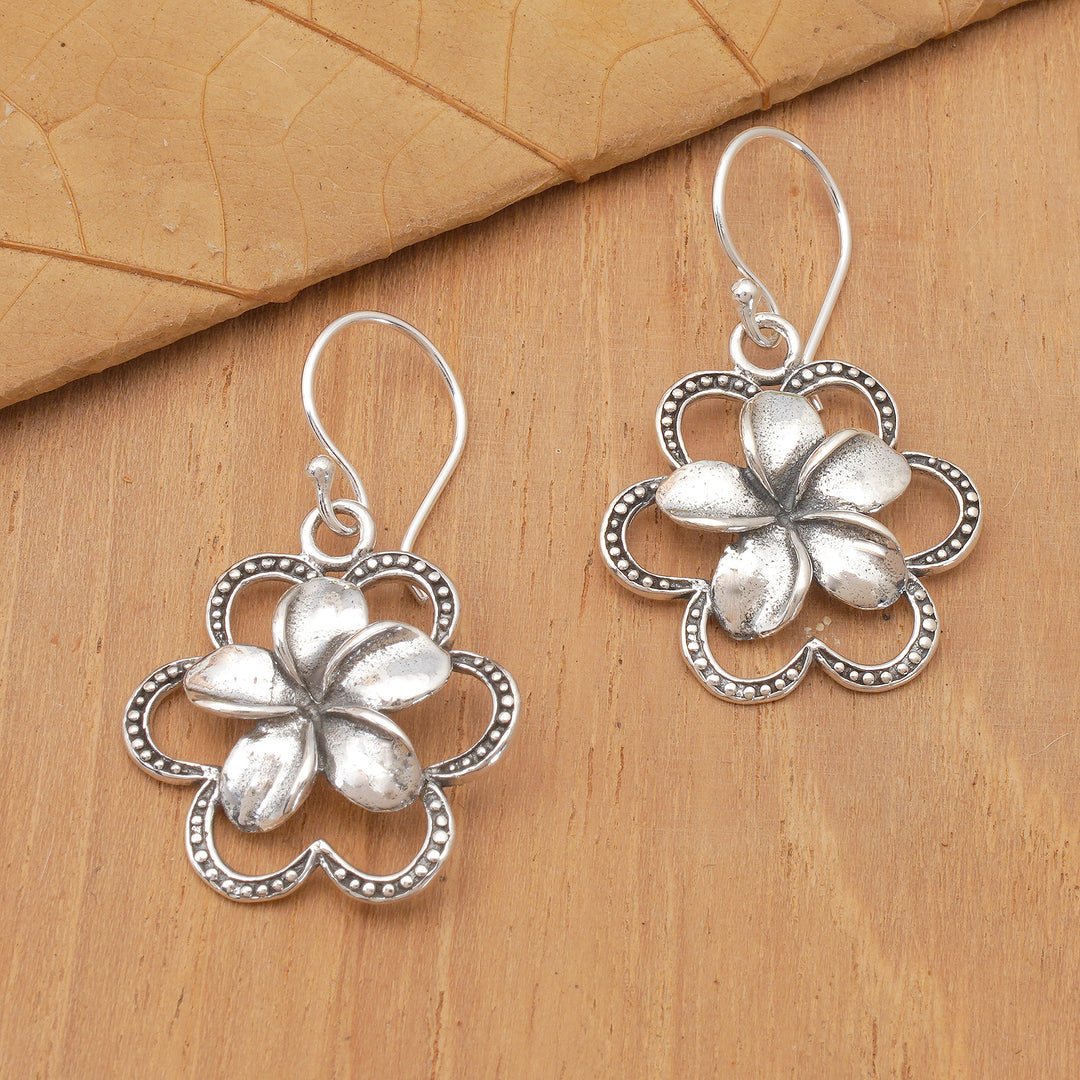 Floral Oxidized Polished Sterling Silver Dangle Earrings - Frangipani Magic