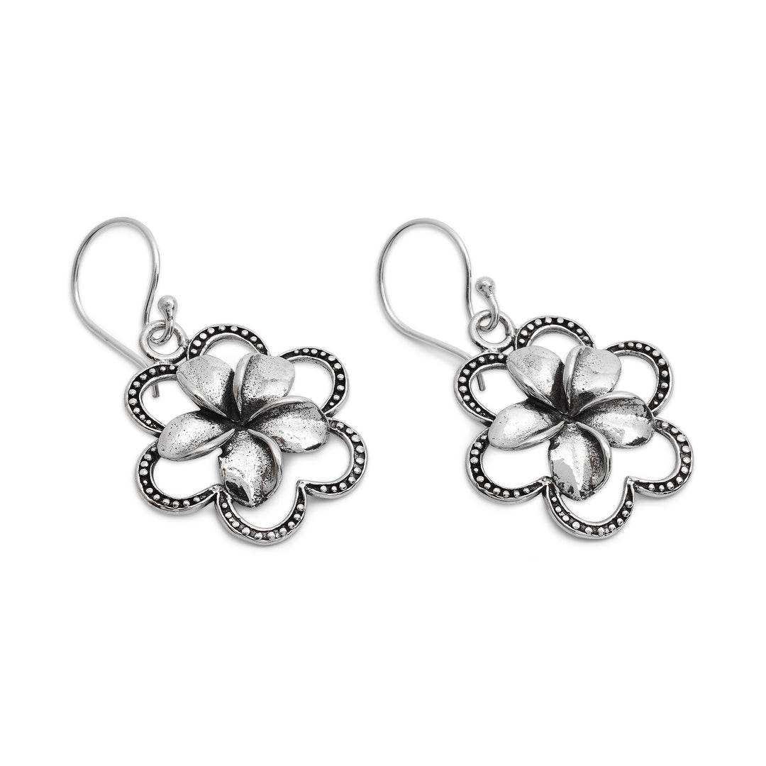 Floral Oxidized Polished Sterling Silver Dangle Earrings - Frangipani Magic