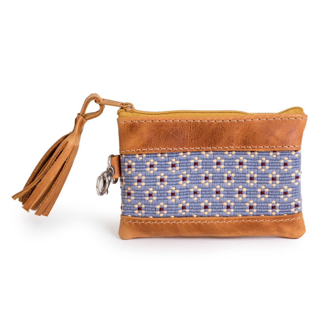 Floral-Patterned Leather-Accented Blue Cotton Coin Purse - Blue of Blooms