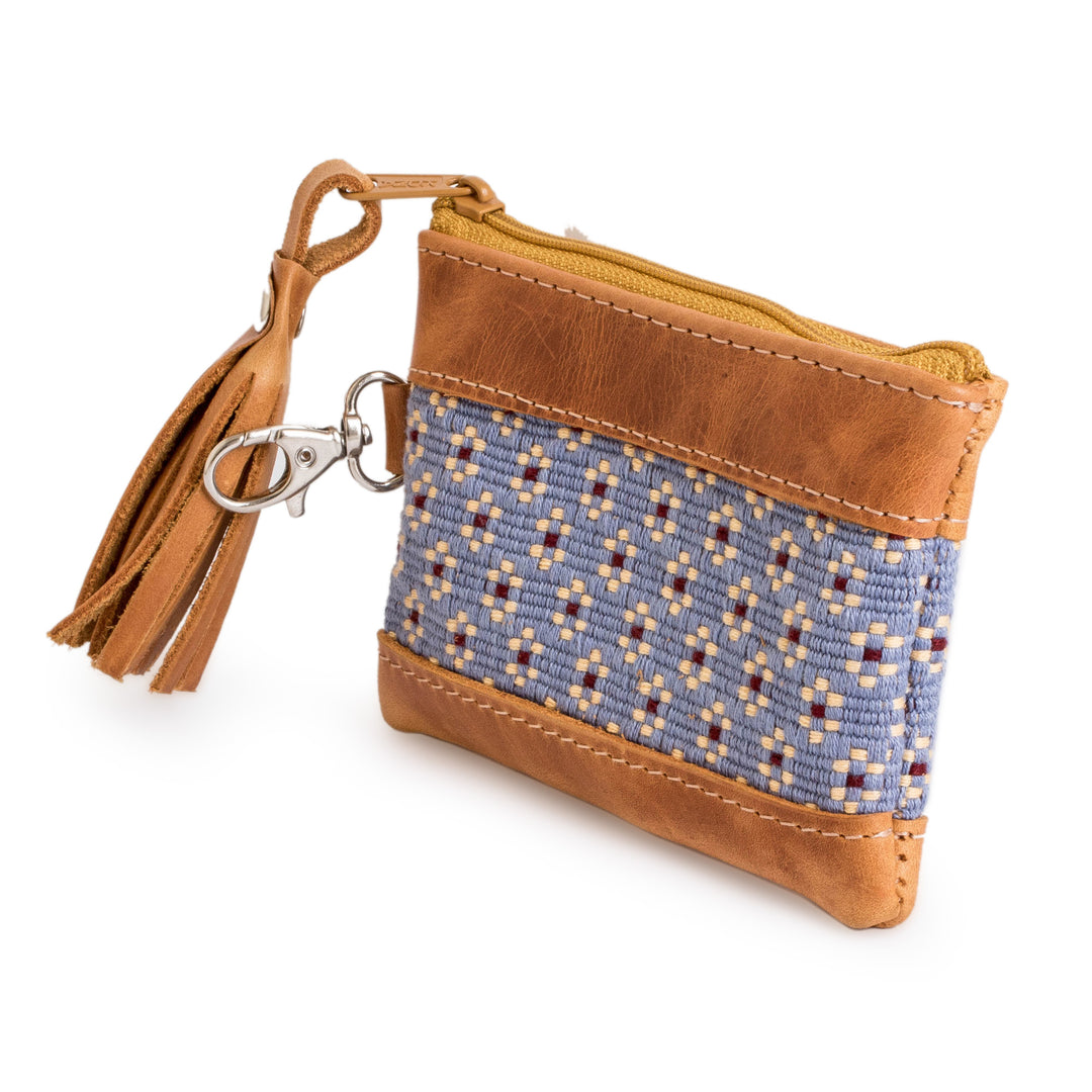 Floral-Patterned Leather-Accented Blue Cotton Coin Purse - Blue of Blooms