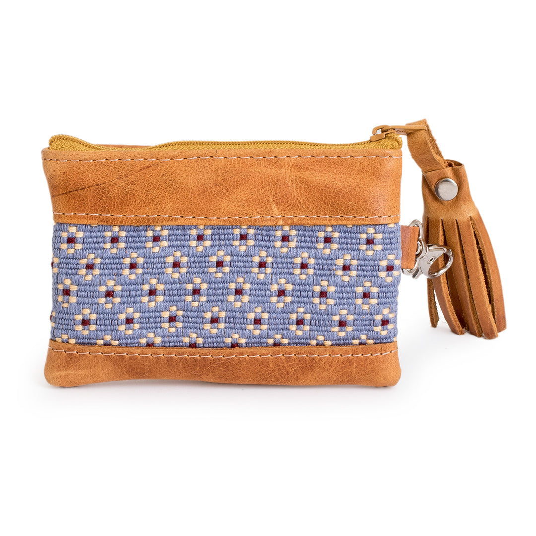 Floral-Patterned Leather-Accented Blue Cotton Coin Purse - Blue of Blooms