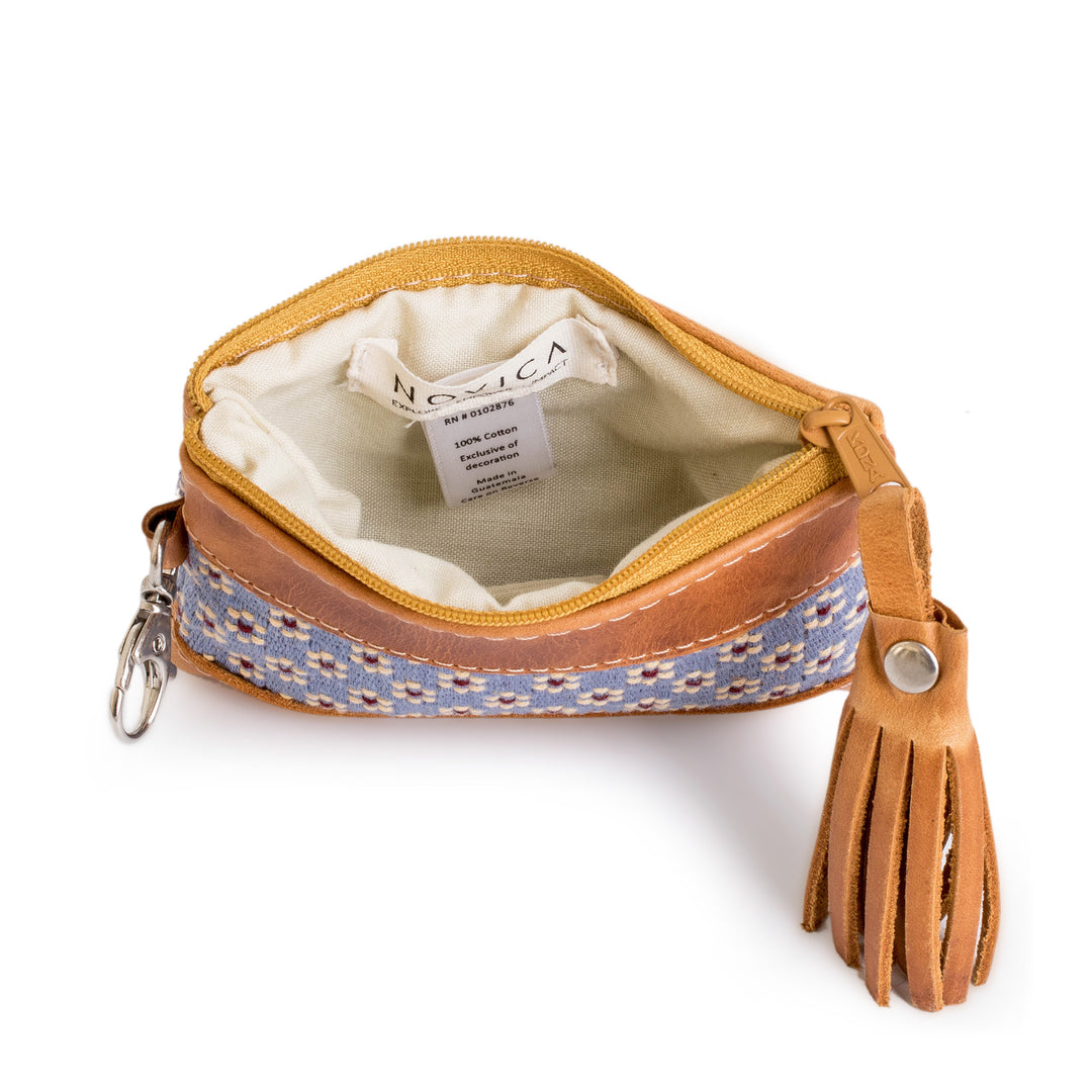 Floral-Patterned Leather-Accented Blue Cotton Coin Purse - Blue of Blooms