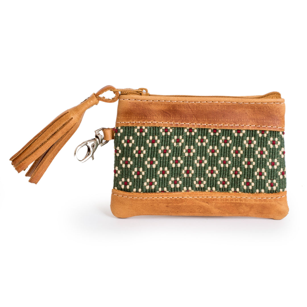 Spring-Inspired Leather-Accented Green Cotton Coin Purse - Green of Blooms