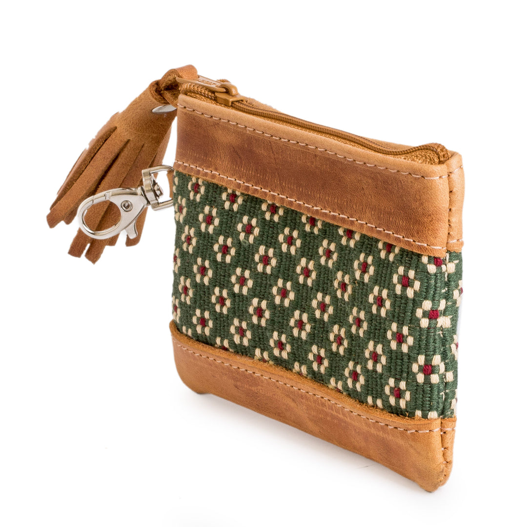 Spring-Inspired Leather-Accented Green Cotton Coin Purse - Green of Blooms
