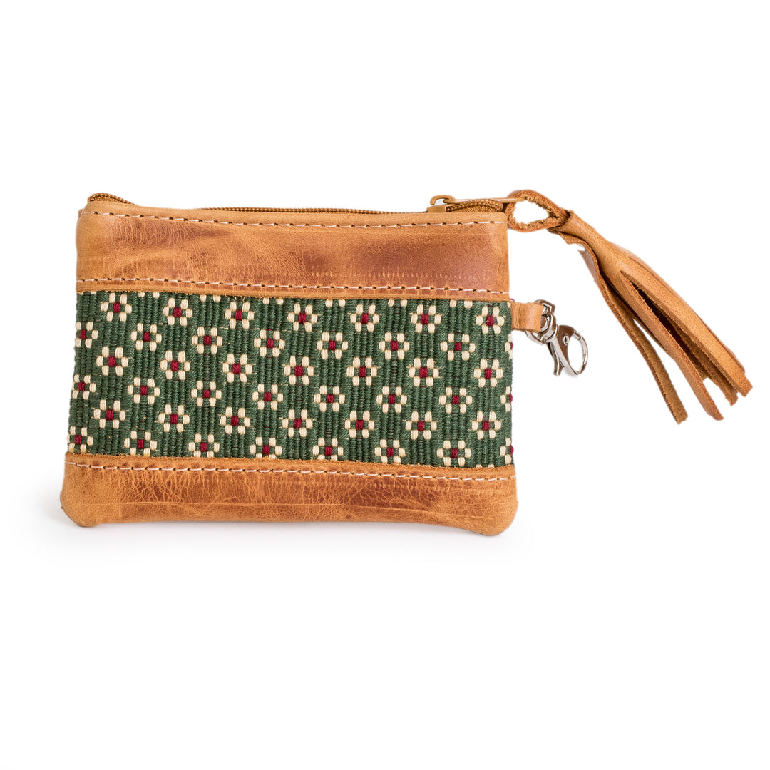 Spring-Inspired Leather-Accented Green Cotton Coin Purse - Green of Blooms