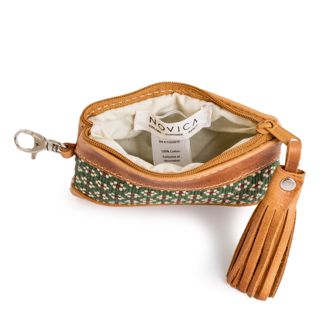 Spring-Inspired Leather-Accented Green Cotton Coin Purse - Green of Blooms