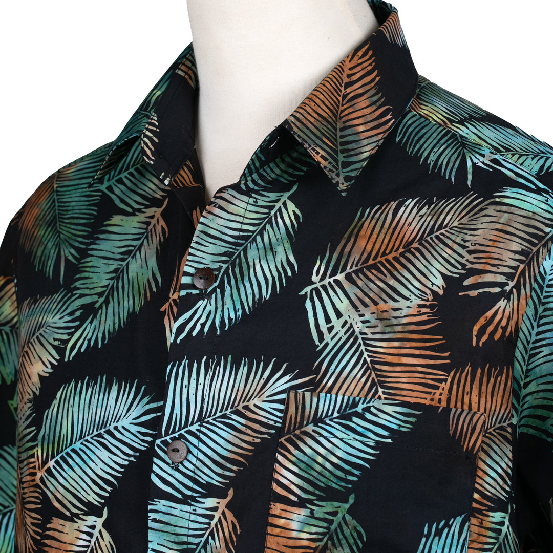 Men's Palm-Patterned Dark Grey and Green Batik Cotton Shirt - Jungle Fever