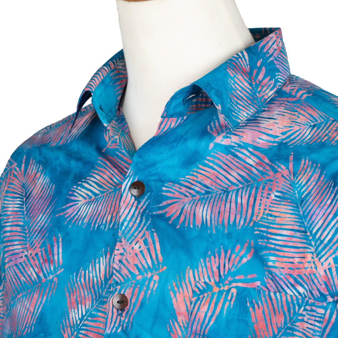Palm-Themed Cerulean and Guava Batik Cotton Shirt for Men - Jungle Dream