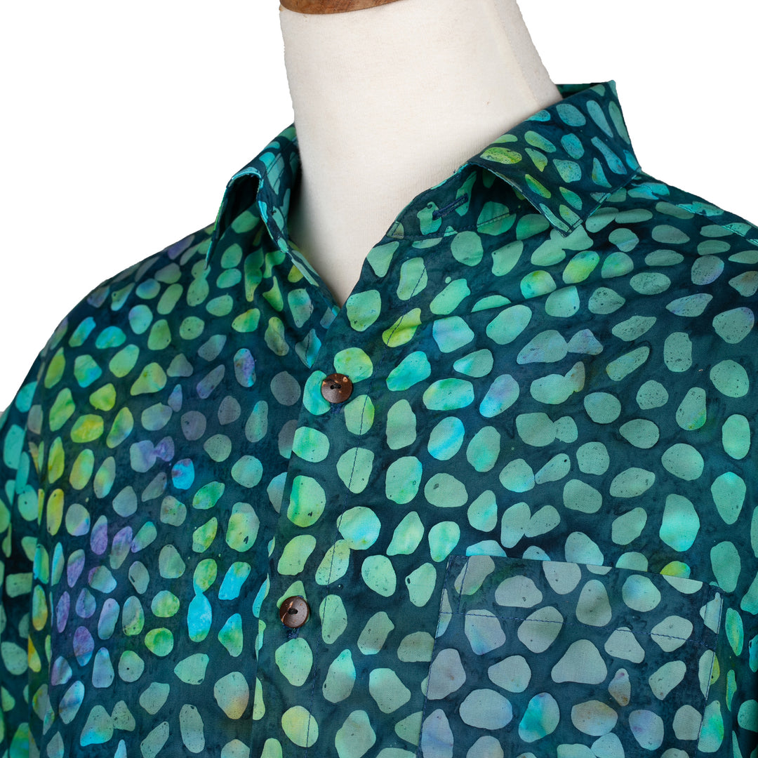 Men's Batik Casual Cotton Shirt with Coconut Shell Buttons - Watery Dots