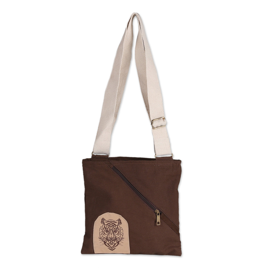 Adjustable Cotton Sling Bag with Embroidered Tiger Motif - Royal Tiger