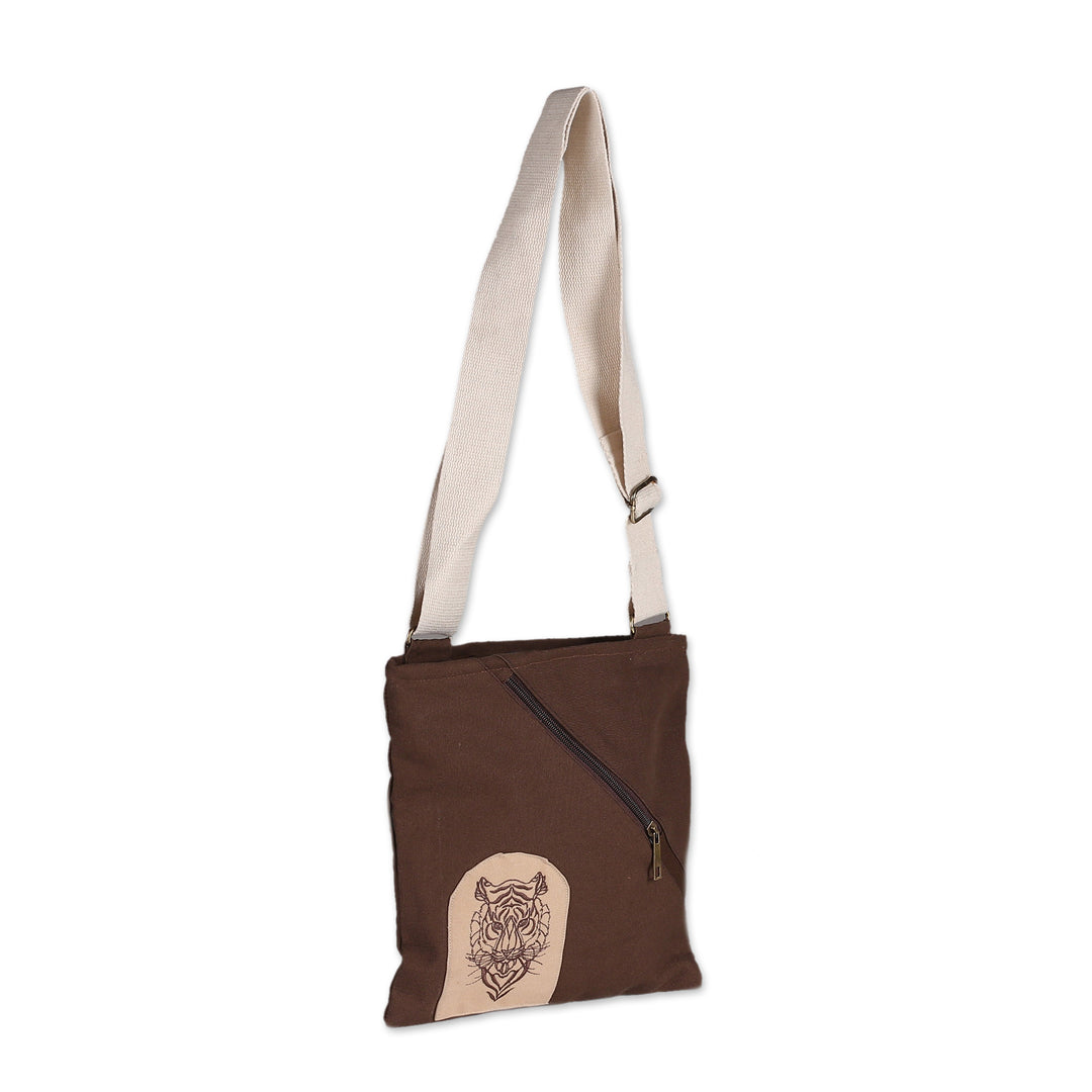 Adjustable Cotton Sling Bag with Embroidered Tiger Motif - Royal Tiger
