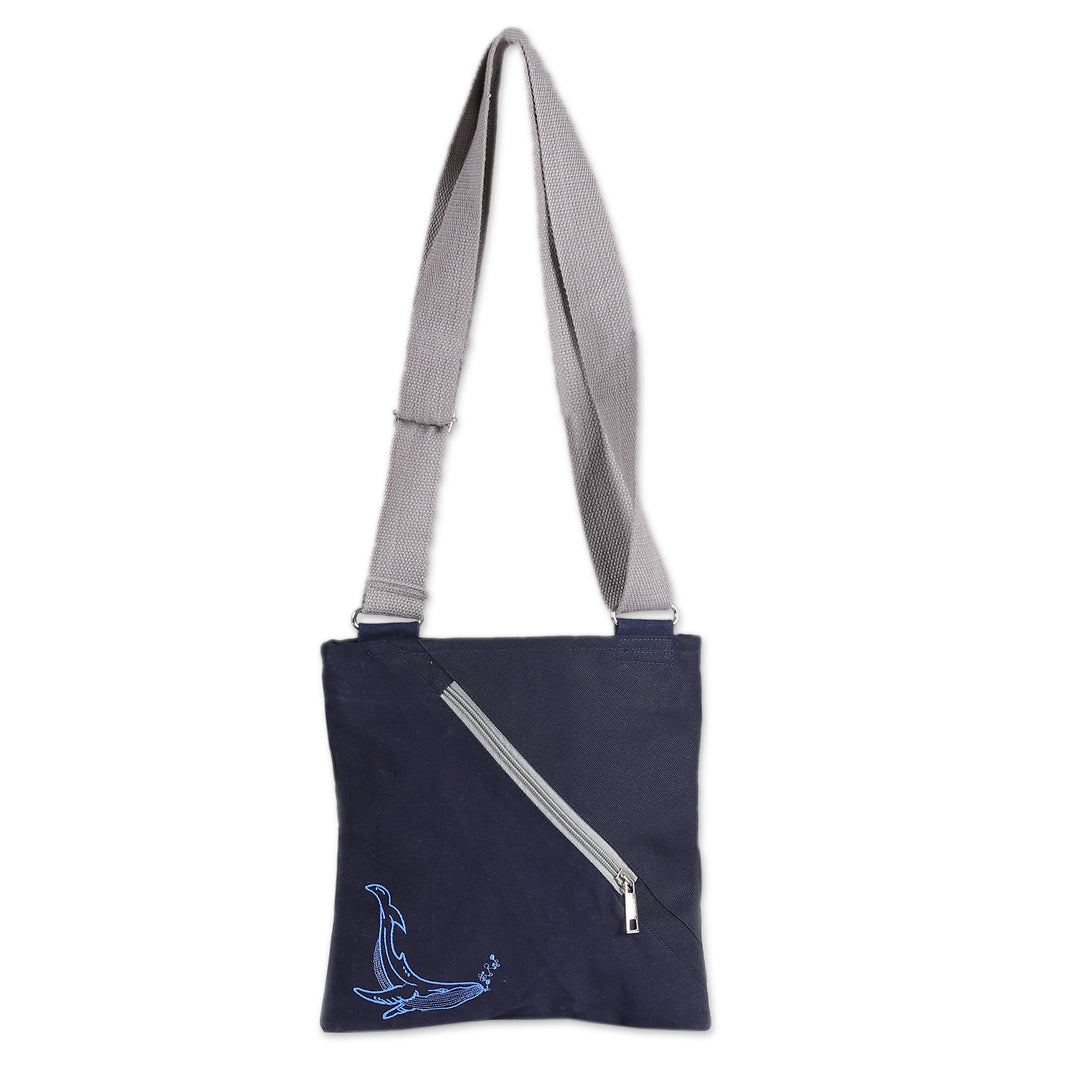 Blue Whale-Themed Cotton Sling Bag with Adjustable Strap - Blue Whale