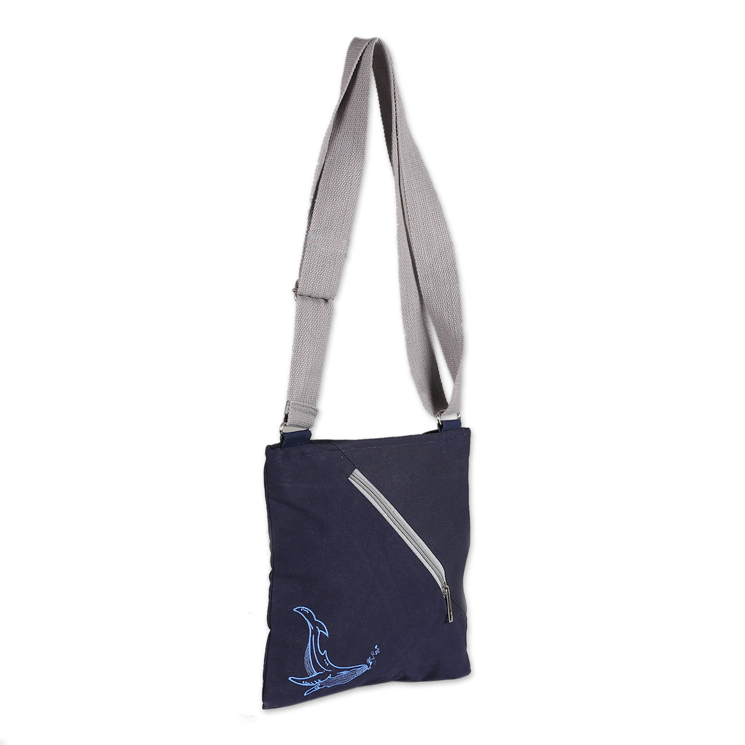 Blue Whale-Themed Cotton Sling Bag with Adjustable Strap - Blue Whale