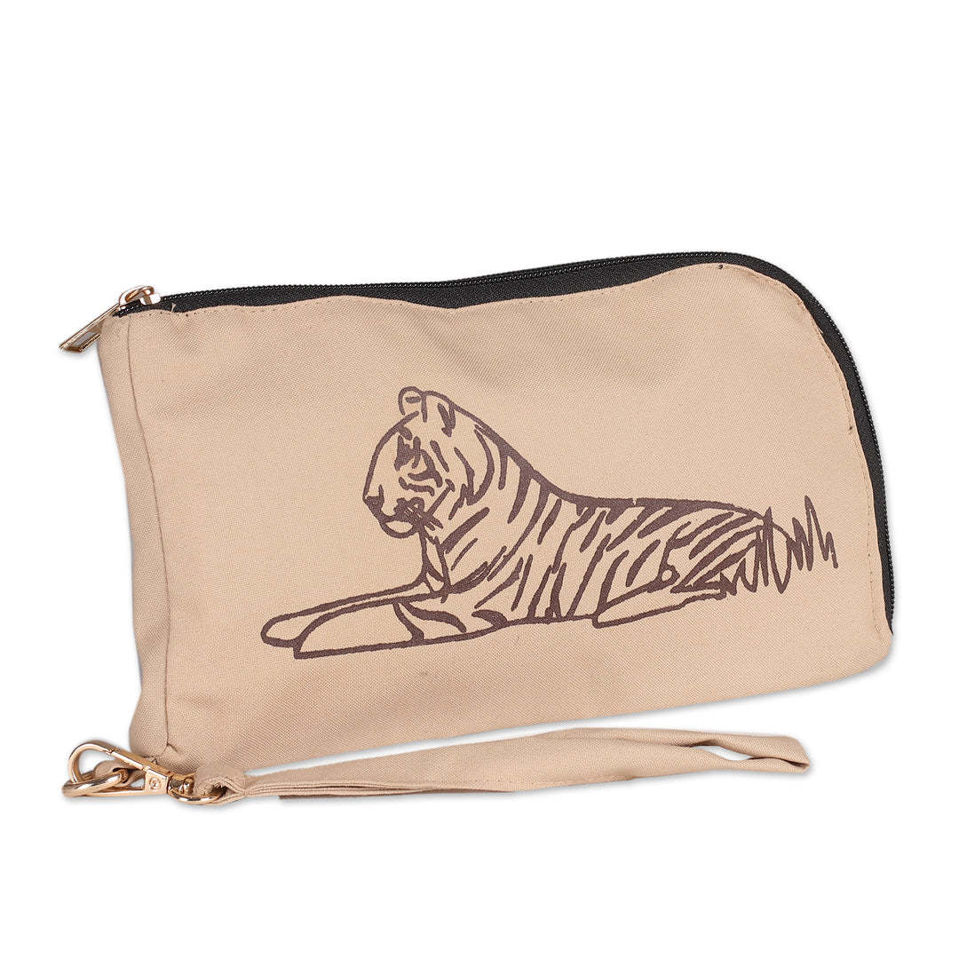Tiger-Themed Cotton Wristlet Wallet with Removable Strap - Sitting Tiger