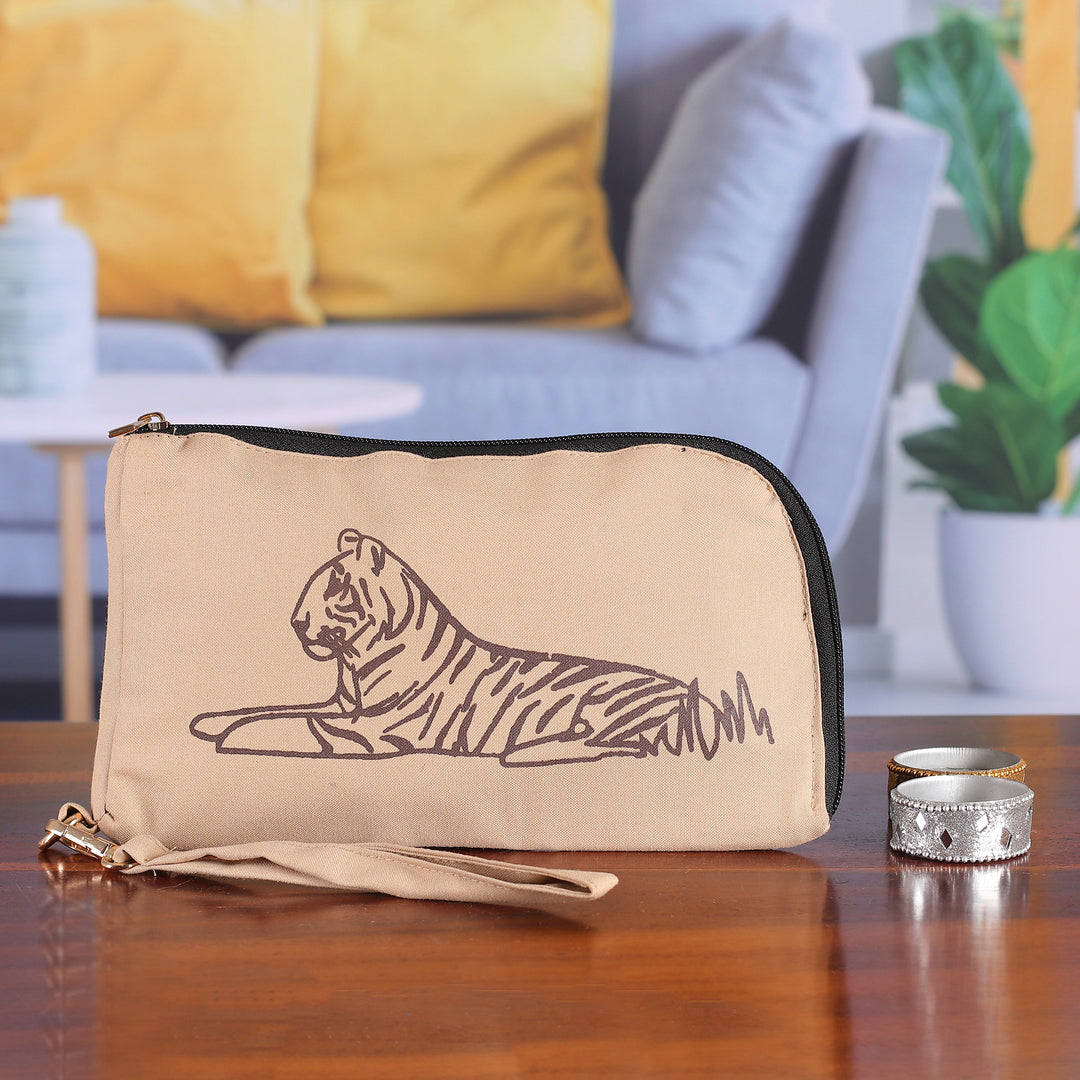 Tiger-Themed Cotton Wristlet Wallet with Removable Strap - Sitting Tiger
