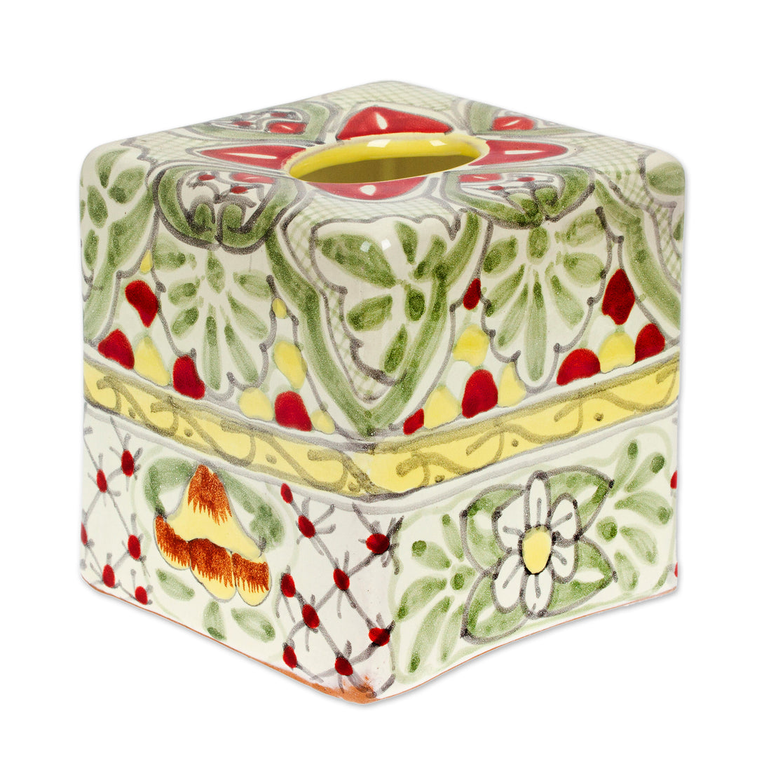 Talavera-Style Floral Leaf-Themed Ceramic Tissue Box Cover - Pastel Talavera