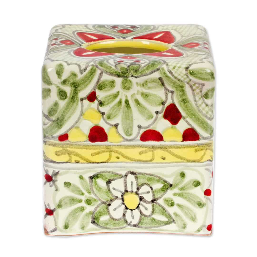 Talavera-Style Floral Leaf-Themed Ceramic Tissue Box Cover - Pastel Talavera