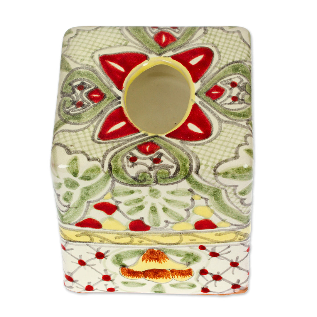 Talavera-Style Floral Leaf-Themed Ceramic Tissue Box Cover - Pastel Talavera