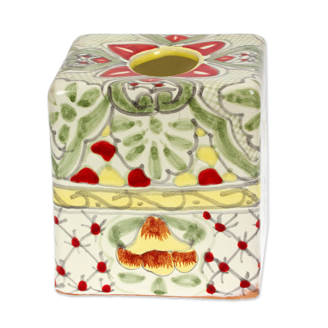 Talavera-Style Floral Leaf-Themed Ceramic Tissue Box Cover - Pastel Talavera