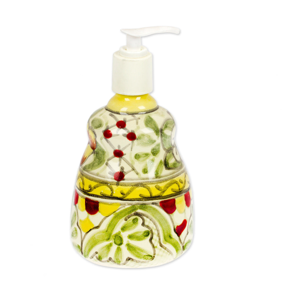 Talavera-Style Floral and Leaf Ceramic Liquid Soap Dispenser - Pastel Talavera