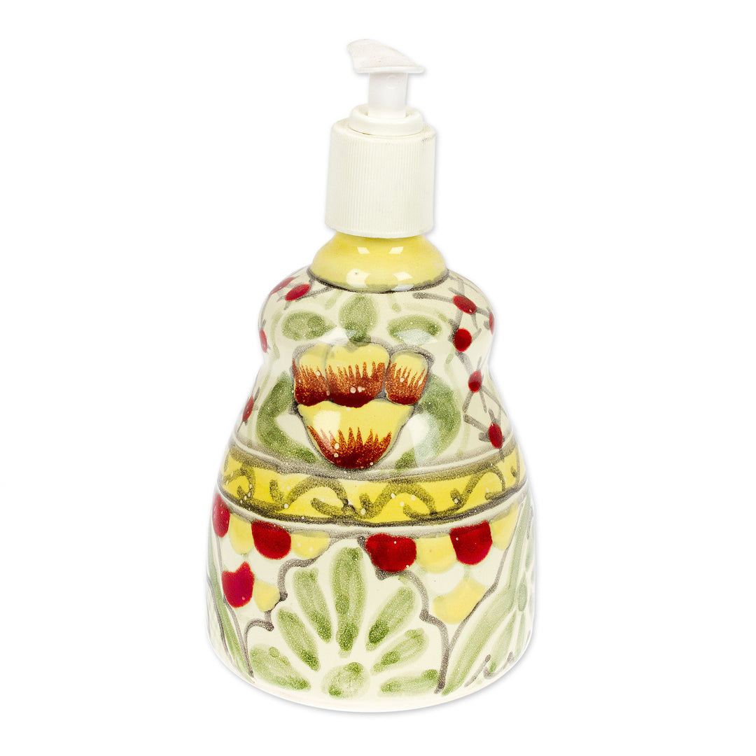 Talavera-Style Floral and Leaf Ceramic Liquid Soap Dispenser - Pastel Talavera