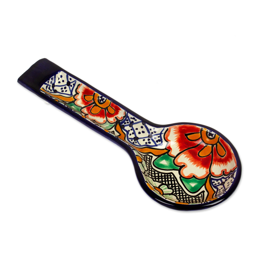 Folk Art Talavera-Style Ceramic Spoon Rest with Floral Theme - Puebla Blooms