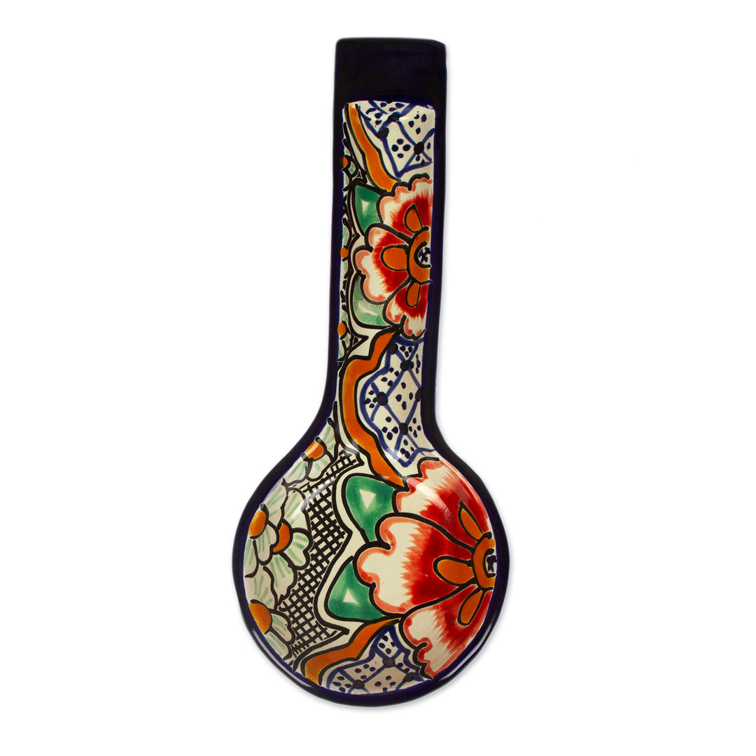 Folk Art Talavera-Style Ceramic Spoon Rest with Floral Theme - Puebla Blooms