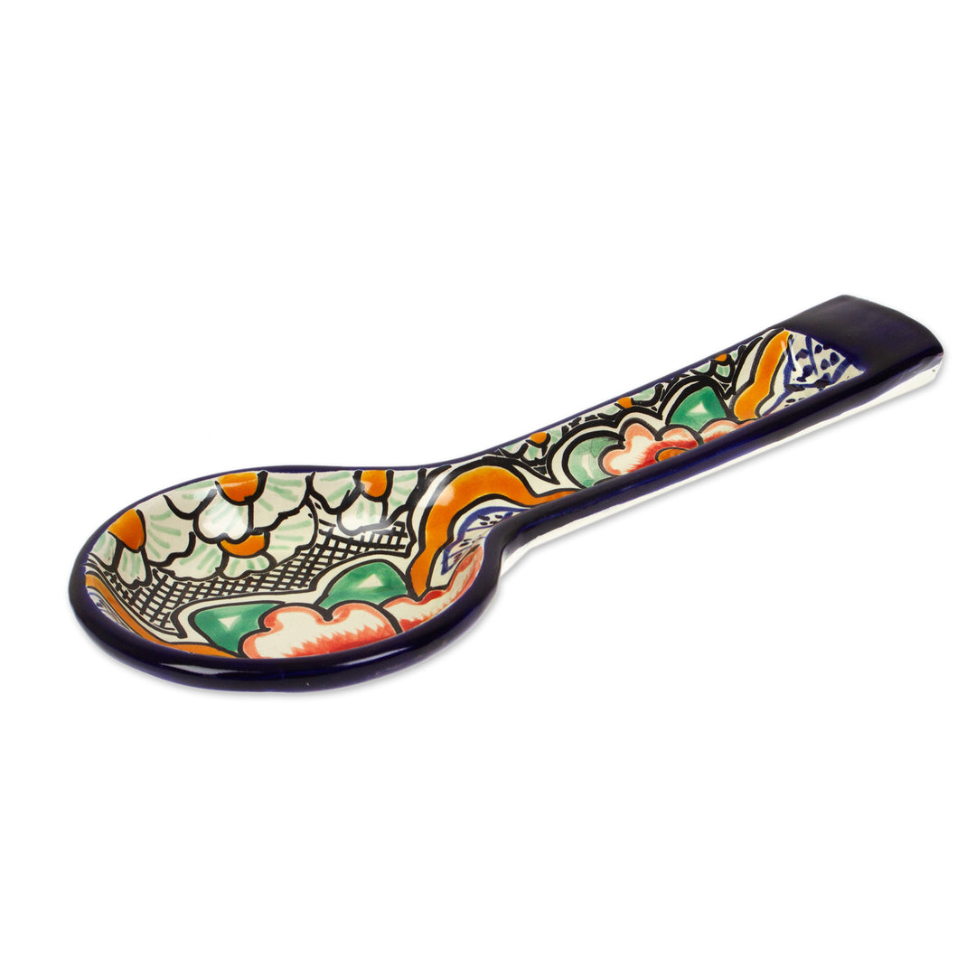 Folk Art Talavera-Style Ceramic Spoon Rest with Floral Theme - Puebla Blooms