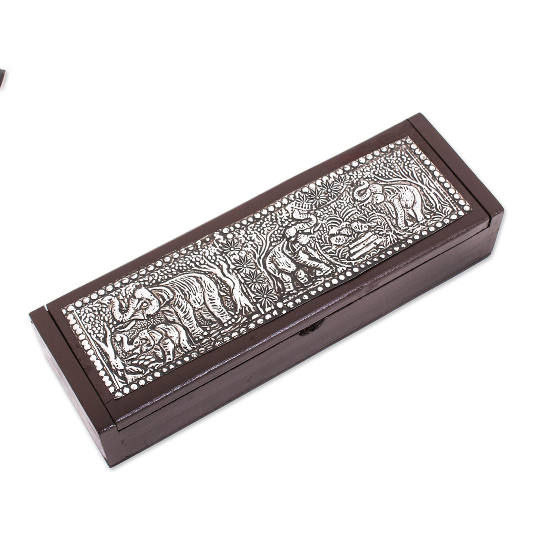 Elephant-Themed Rubberwood and Embossed Aluminum Jewelry Box - Elephant Reign