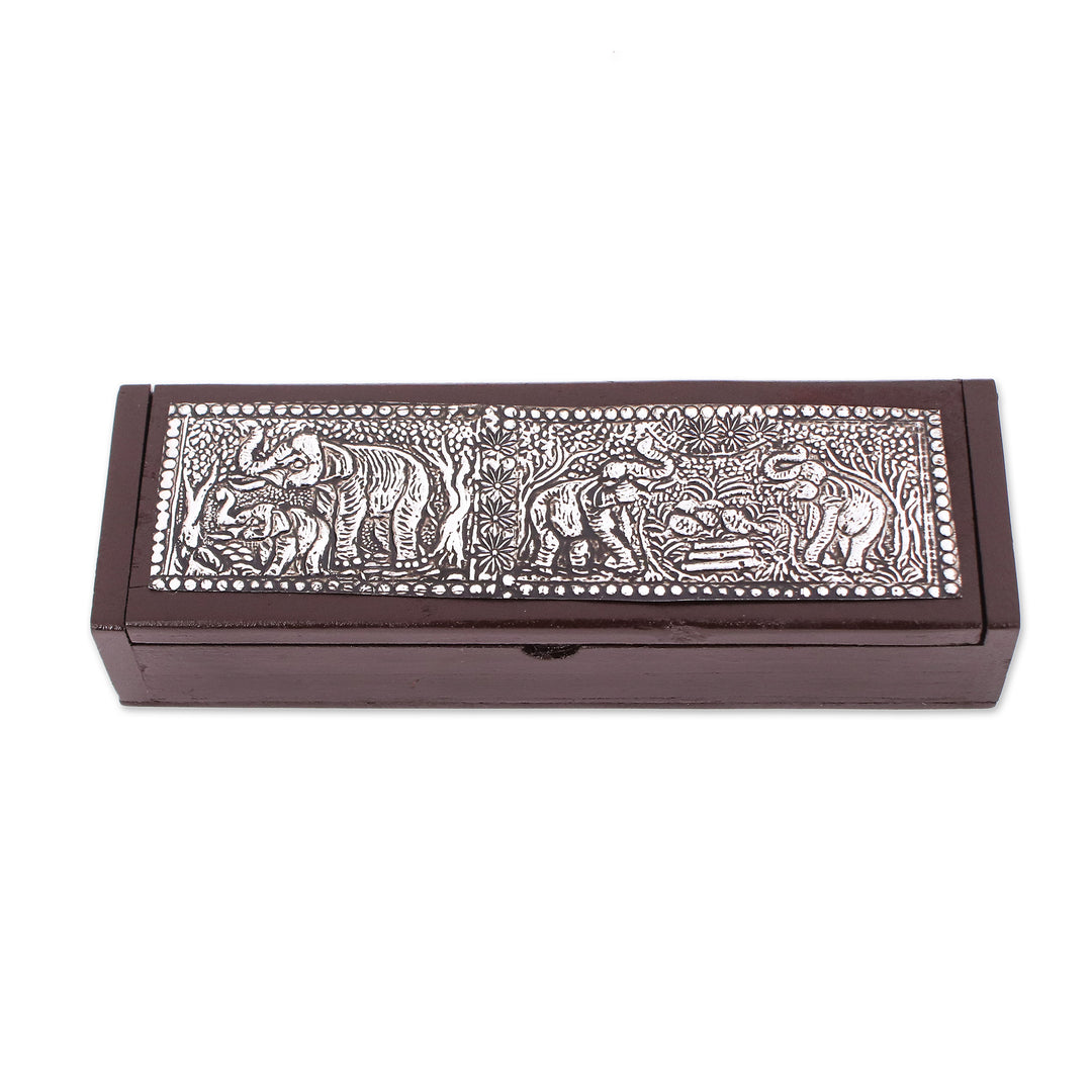 Elephant-Themed Rubberwood and Embossed Aluminum Jewelry Box - Elephant Reign
