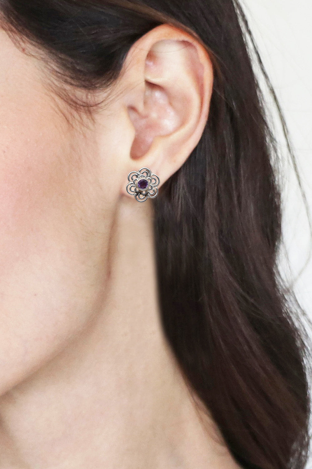 Bloom-Shaped Sterling Silver Button Earrings with Amethysts - Purple Flower of Light