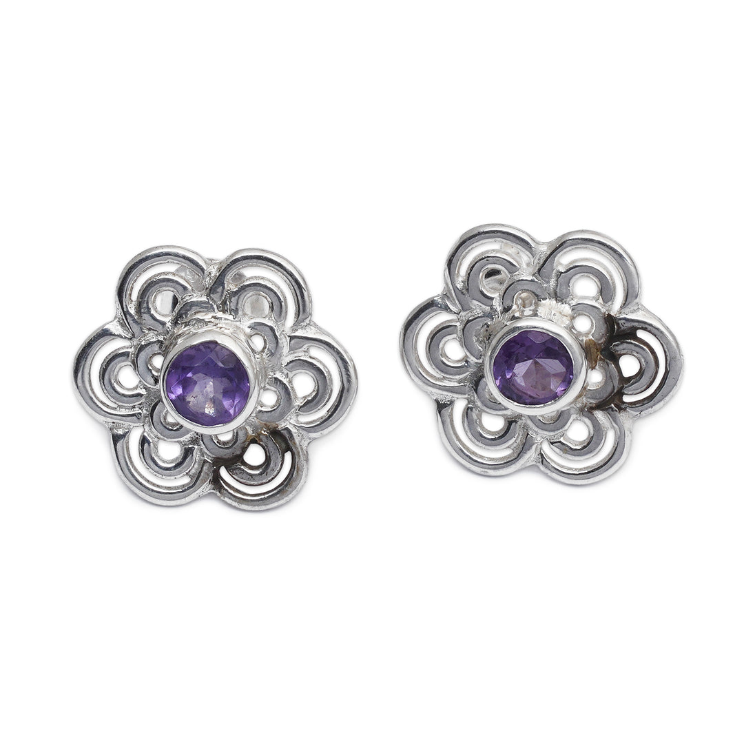 Bloom-Shaped Sterling Silver Button Earrings with Amethysts - Purple Flower of Light
