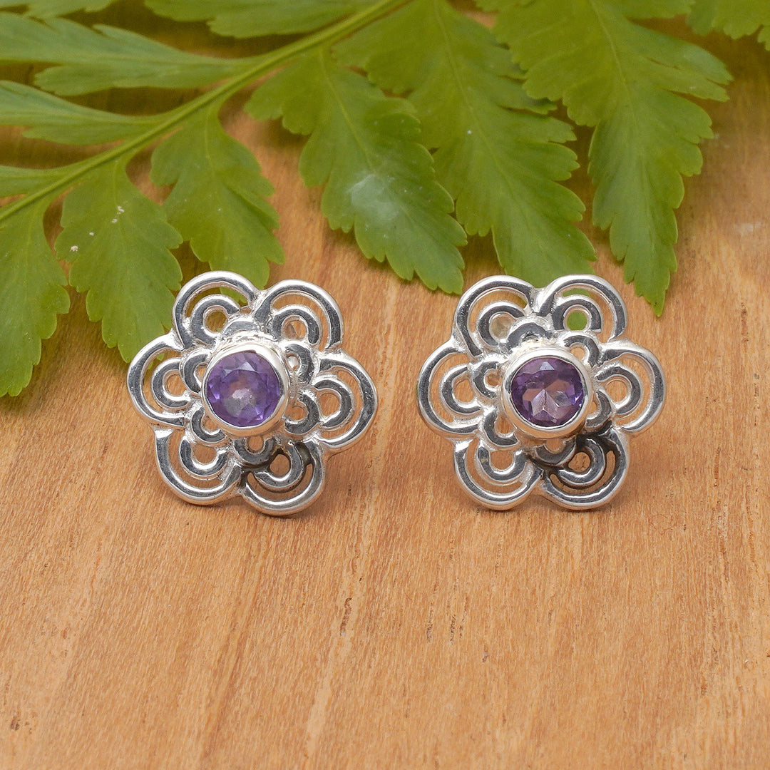 Bloom-Shaped Sterling Silver Button Earrings with Amethysts - Purple Flower of Light