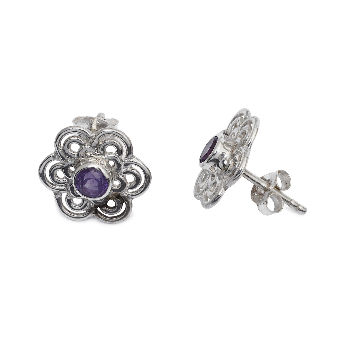 Bloom-Shaped Sterling Silver Button Earrings with Amethysts - Purple Flower of Light