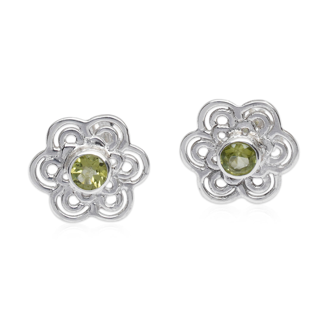 Floral Sterling Silver Button Earrings with Peridot Stones - Green Flower of Light