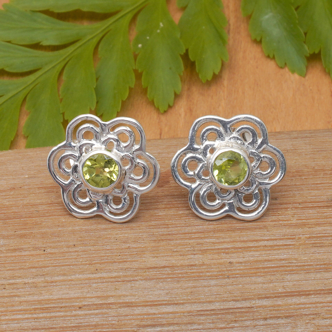 Floral Sterling Silver Button Earrings with Peridot Stones - Green Flower of Light
