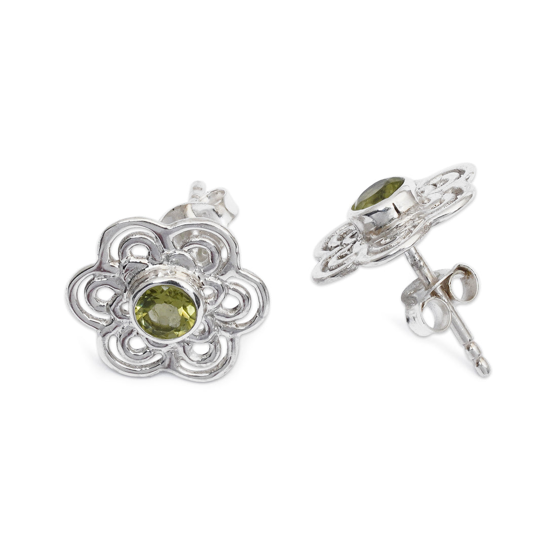 Floral Sterling Silver Button Earrings with Peridot Stones - Green Flower of Light